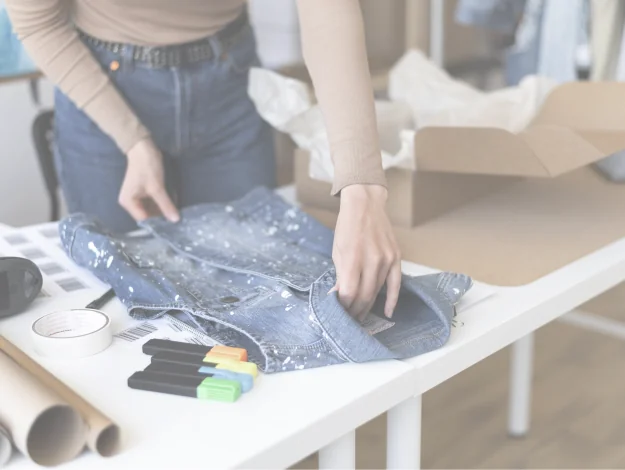mujer doblando chaleco vaquero